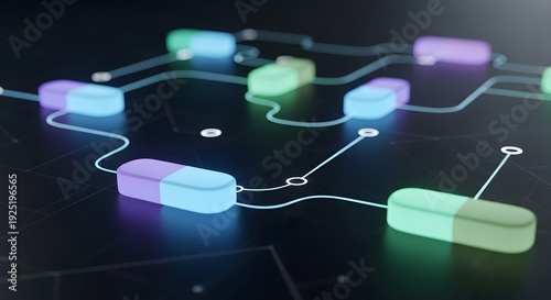 A futuristic circuit board with glowing neon wires and microchips on a dark background