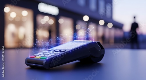 A payment terminal on a city street with a blurred background of storefronts and a pedestrian