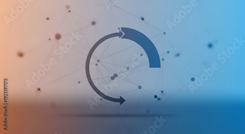 A pixelated image of a circular arrow on a gradient background with particles