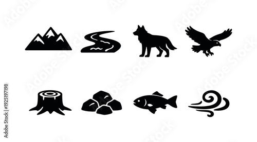 Wild Ecosystem Icons Set. Wild ecosystem. Filled icon set of Wild ecosystem: mountain range, river stream,