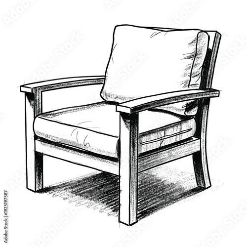 Hand-drawn sketch of a comfortable armchair with plush cushions and wooden frame