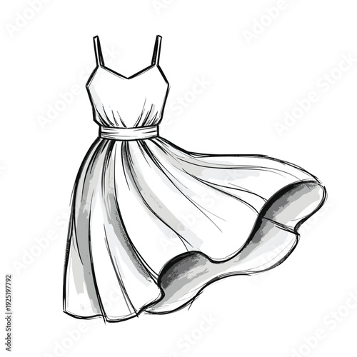 Fashion sketch of a flowing white summer dress with spaghetti straps and a cinched waist