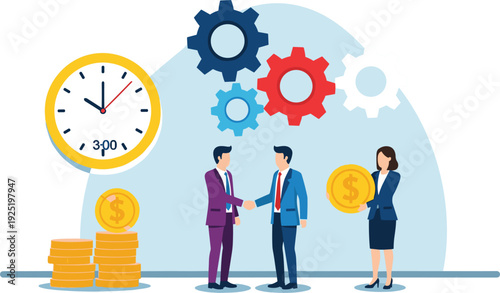 Business Partnership Handshake with Time Clock Gears Money Coins Investment Efficiency Profit Success Collaboration Vector Illustration
