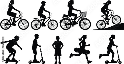 Black Silhouette Set of Active Children Riding Bicycles Scooters and Skateboards Featuring Boys and Girls Exercising and Having Fun During Summer Outdoor Sports Activities