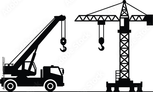 Black Vector Silhouettes of Heavy Duty Mobile Truck Crane and Fixed Tower Construction Crane Isolated on White Background for Industrial Building Engineering Design Projects