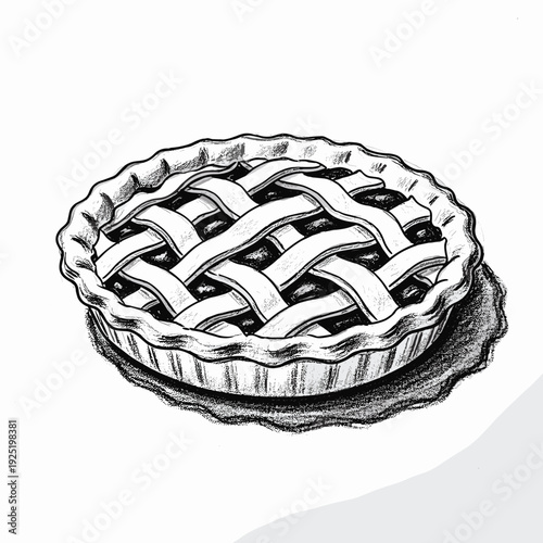 Hand-drawn illustration of a delicious lattice-top pie with a flaky crust and dark filling