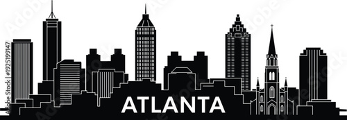 Atlanta city skyline silhouette vector illustration, modern downtown Georgia cityscape with iconic skyscrapers isolated on white background