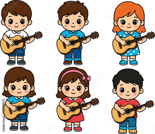 Set of Cute Cartoon Children Playing Acoustic Guitars Featuring Boys and Girls in Colorful Outfits for Music Education and Creative Arts Projects for Kids