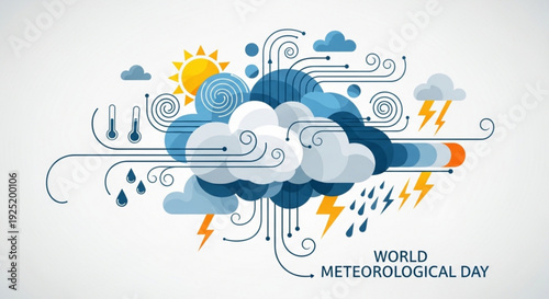 World meteorological day weather forecast illustration with clouds sun rain lightning and temperature symbols on a white background