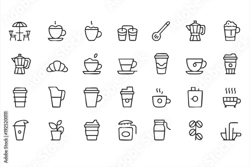 Coffee shop line symbol collection for menu branding and takeaway packaging