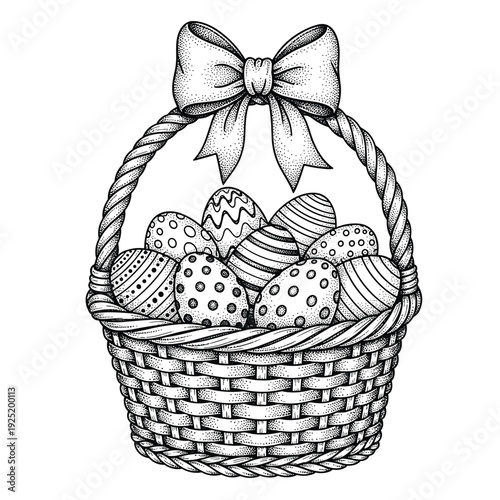 Hand-drawn Easter basket filled with decorated eggs and a large bow on top