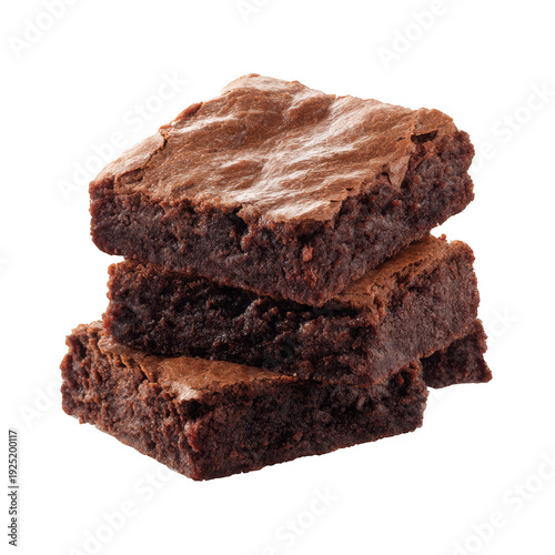 Three chocolate brownies stacked isolated on transparent background