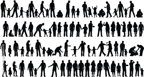 Black silhouettes of people in various poses and sizes on a white background collection Vector, illustration