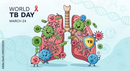 World tb day illustration with cartoon lungs germs and bacteria raising awareness for tuberculosis on march 24th