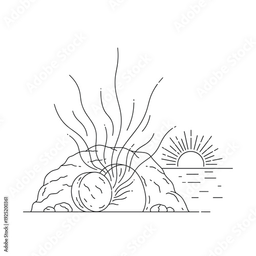 The empty tomb with a rolling stone and a sunrise symbolizing resurrection