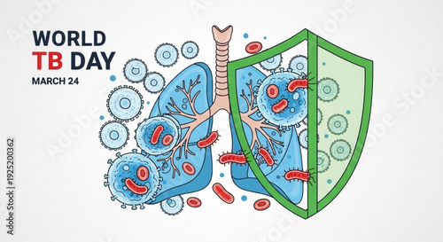 World tb day march 24 illustration with lungs germs shield health protection concept vector graphic