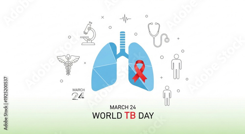 World tb day awareness poster with lungs red ribbon and medical icons on white background
