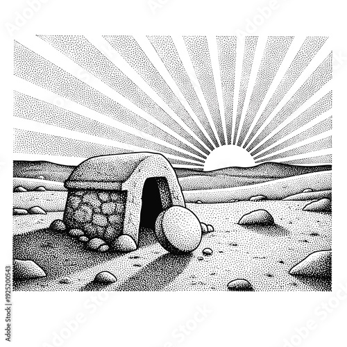 Empty tomb with rolling stone at sunrise, stippled illustration of resurrection morning