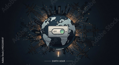 Earth hour concept with globe and light switch on dark background with city lights