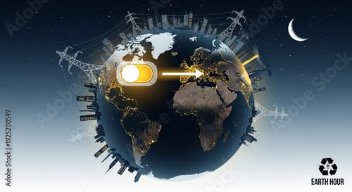 Earth hour concept globe with city skylines and light switch at night with moon