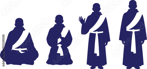 Silhouettes of four buddhist monks in traditional robes