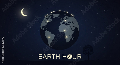 Globe at night with city lights off for earth hour symbolizing environmental conservation and sustainability