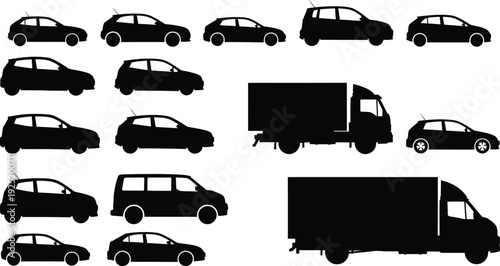 A collection of different vehicle silhouettes featuring passenger cars, vans, and commercial trucks. Vector, illustration