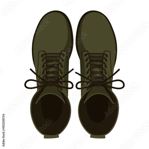 Top view of olive green lace-up boots on white background