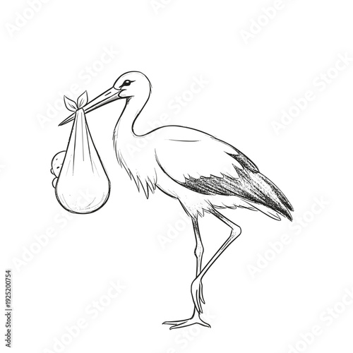 Classic stork delivering a baby in a bundle, hand-drawn sketch style illustration