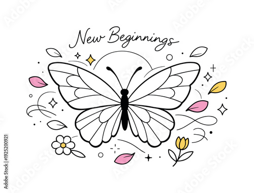 Spring transformation concept. A large butterfly emerging gracefully with wings wide open, tiny sparkles and