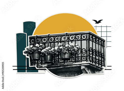 Contemporary modern-retro collage featuring a black and white close-up of vintage balcony railing with hanging