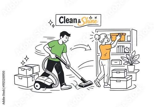 Weekend Cleaning Routine. A dynamic scene of someone vacuuming the floor while another organizes shelves,