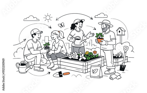 Urban Garden Collaboration. A lively backyard scene with raised wooden beds, tools resting nearby, and