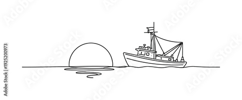 "Fishing Boat at Sunset". Minimalistic one-line drawing fishing boat silhouette with low sun touching horizon