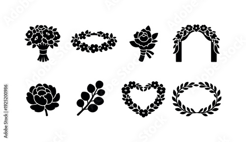 Bridal Floral Icon Set. Bridal Floral Elements. Filled icon set of Bridal Floral Elements: bridal bouquet,