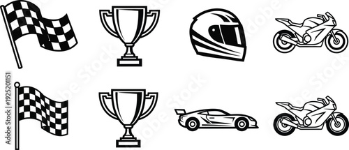 Racing icons including flags trophies helmets and vehicles