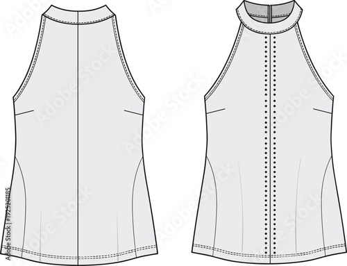High Neck Halter Sleeveless Blouse Vector Technical Sketch with Studded Front Detail and Back Zipper Closure for Women Fashion Design