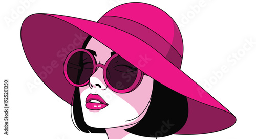 Woman wearing a wide-brimmed pink hat and round pink sunglasses with pink lipstick, looking away against a white background.
