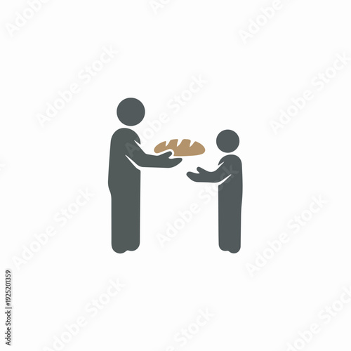 Adult giving bread to child icon. Symbol of food donation, charity, hunger relief, and helping the poor. Support and assistance concept.