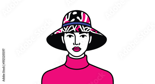 Woman wearing a black and white patterned sunhat with a blue band and a bright pink turtleneck, looking straight ahead.