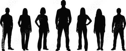 Silhouettes of a diverse group of seven people standing in a line against a white background. Vector, illustration