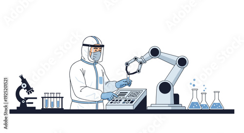 Scientist in a white cleanroom suit and face shield operates a robotic arm with a test tube in a laboratory.