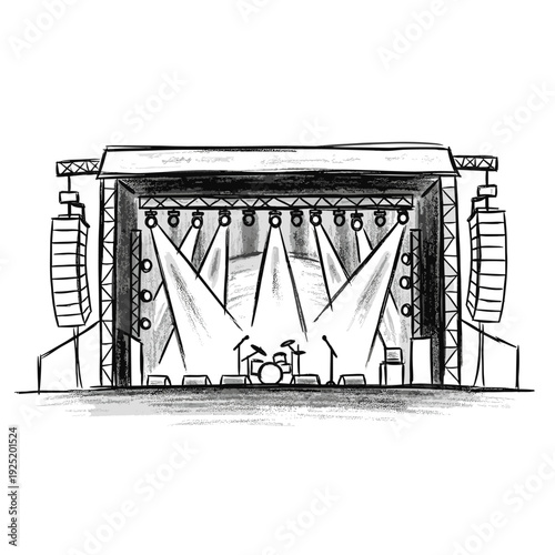 Illustrated empty concert stage with spotlights, drum kit and speaker towers ready for show