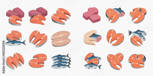 Set of fresh raw fish fillets, steaks, and whole fish on a transparent background, ready for cooking.