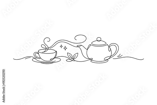 Minimalist line art of a steaming teacup and teapot with decorative swirls and leaves