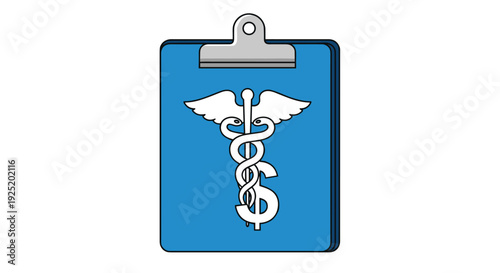 Blue clipboard displaying the classic Rod of Asclepius medical symbol, representing healthcare and healing on a white background.