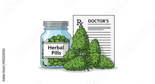 Cannabis buds, herbal pills bottle, and a doctor's prescription pad representing medical marijuana and natural remedies.