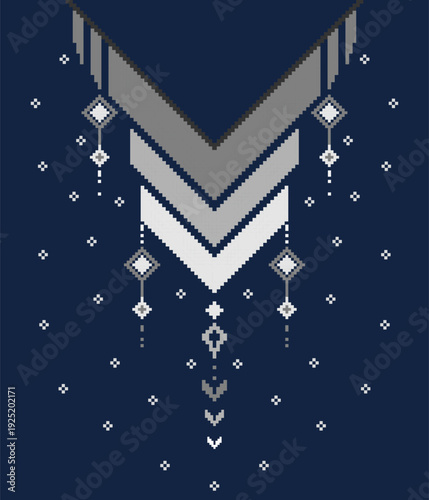 Symmetrical pixel collar design in navy, gray and white. Ideal for textile printing, embroidery, knitwear panels, jacquard, fabric production and garment manufacturing.