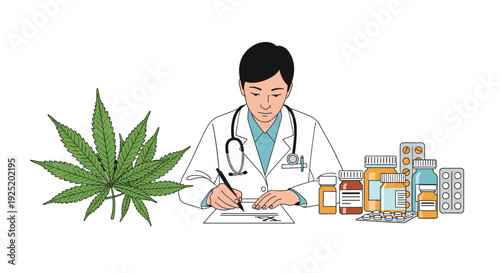 Doctor in white coat writes prescription, surrounded by cannabis leaf, medicine bottles, and blister packs for patient care.