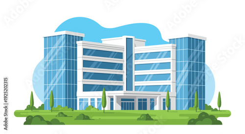 Modern multi-story hospital building with extensive glass facades surrounded by green lawns and trees under a clear blue sky.